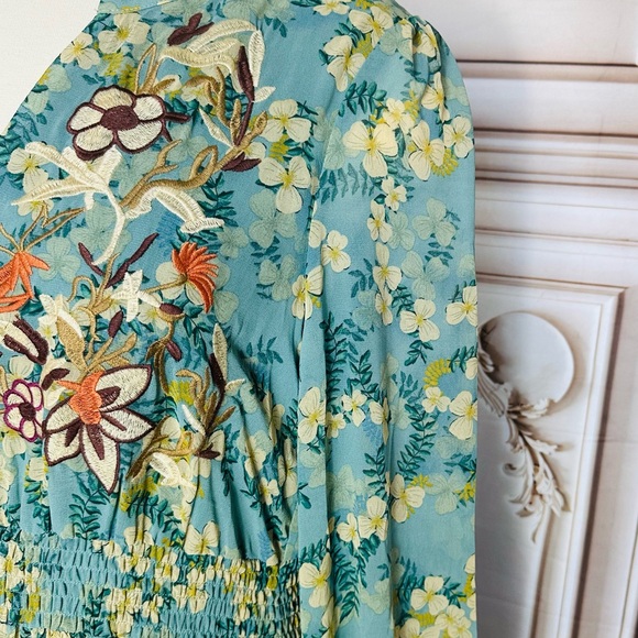 Teal Floral V-Neck Maxi Dress with Embroidered Bodice - Picture 2 of 9